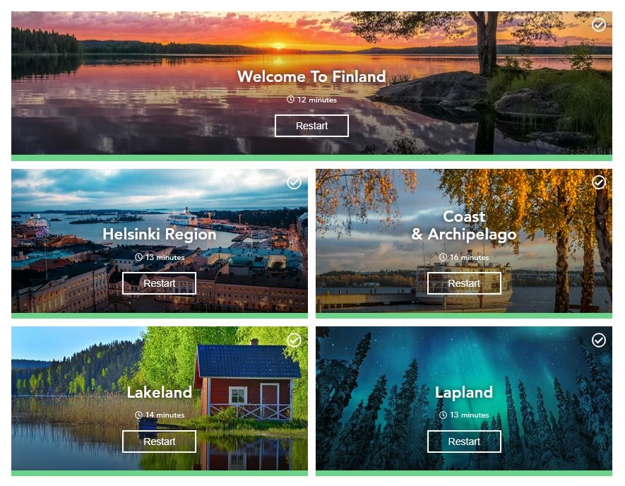 Overview of the e-learning platform with different courses about Finland and its regions.